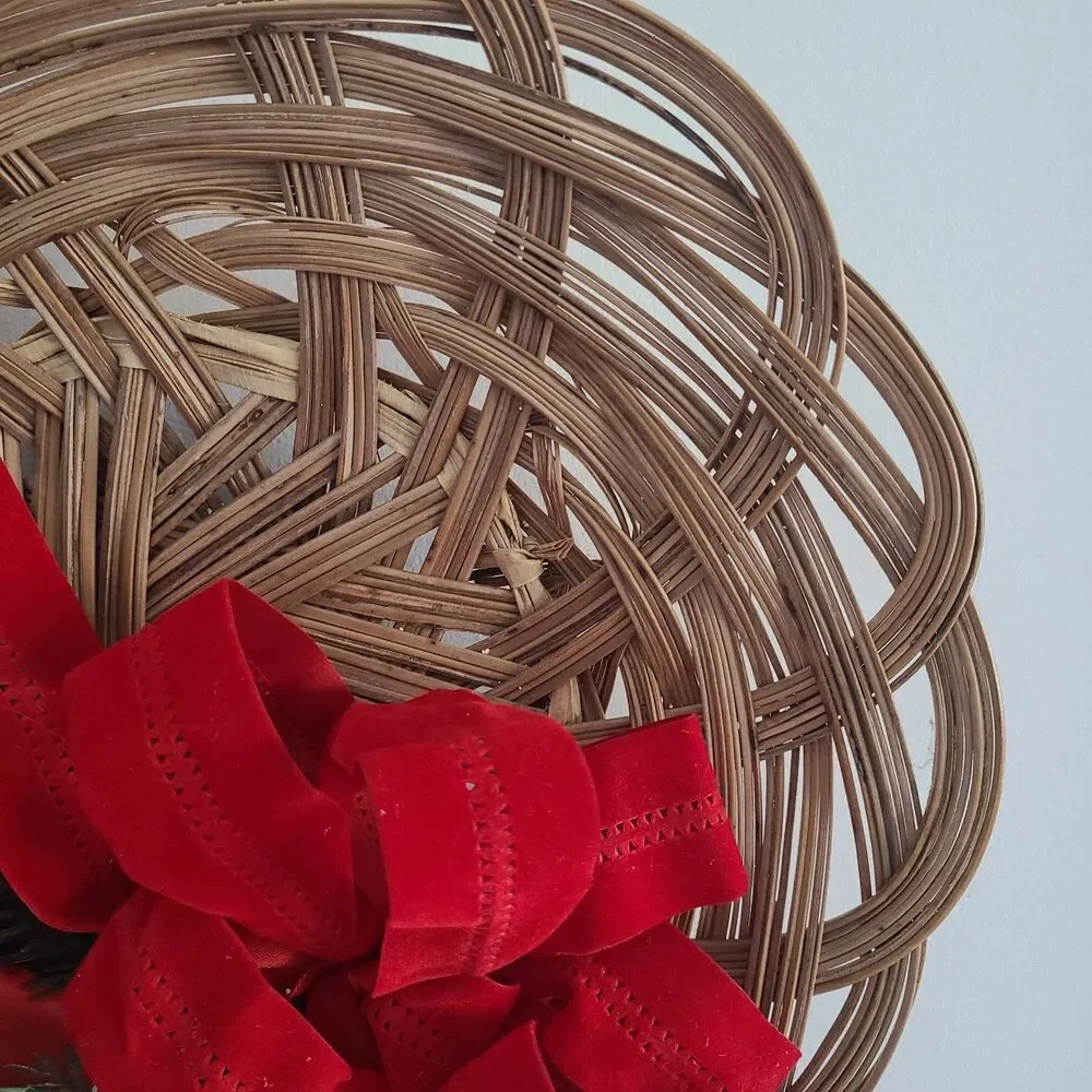 Vintage Wicker Christmas Wreath Wall Hanging With Clay Santa + Greenery + Ribbon